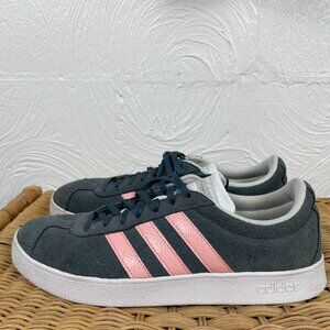 Adidas VL Court 2.0 Sneakers Anthracite Grey Suede with Pink Stripes – Size 8.5